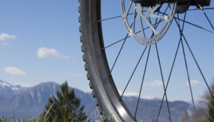 mountain bike wheels close up on spokes