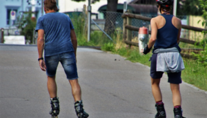 Two person roller skating