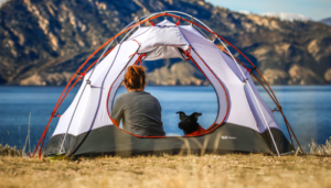 Woman with a dog inside camping tent