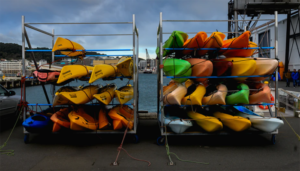 Kayaks on a rack