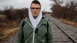 Man on the rail road wearing jacket