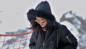 Woman wearing black jacket
